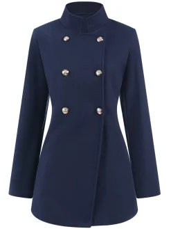 Clearance Retro Stage Blue 1940s Solid Stand Collar Double Breasted Coat Dark Blue