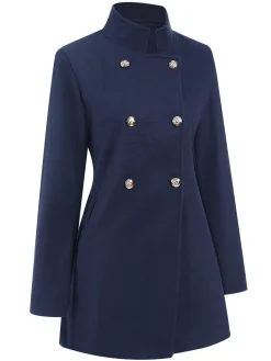 Clearance Retro Stage Blue 1940s Solid Stand Collar Double Breasted Coat Dark Blue