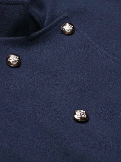 Clearance Retro Stage Blue 1940s Solid Stand Collar Double Breasted Coat Dark Blue