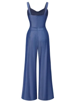 New Retro Stage 1930s Solid Tencel Denim Knotted Jumpsuit Blue