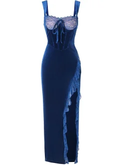 Online Retro Stage 1930s Solid Velvet Lace Dress Blue