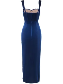 Online Retro Stage 1930s Solid Velvet Lace Dress Blue