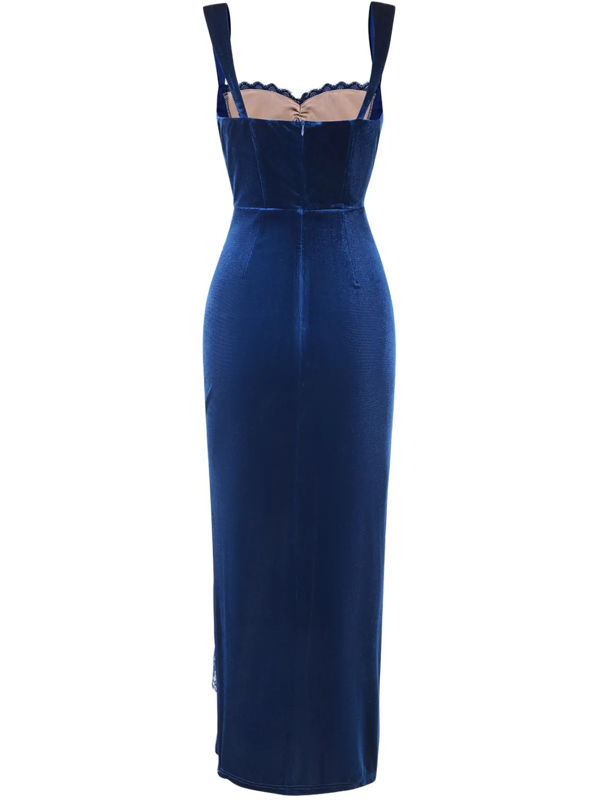 Online Retro Stage 1930s Solid Velvet Lace Dress Blue