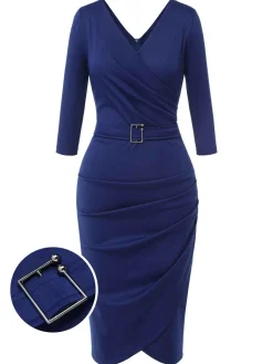 Online Retro Stage 1940s Solid V-Neck Dress with Belt Blue