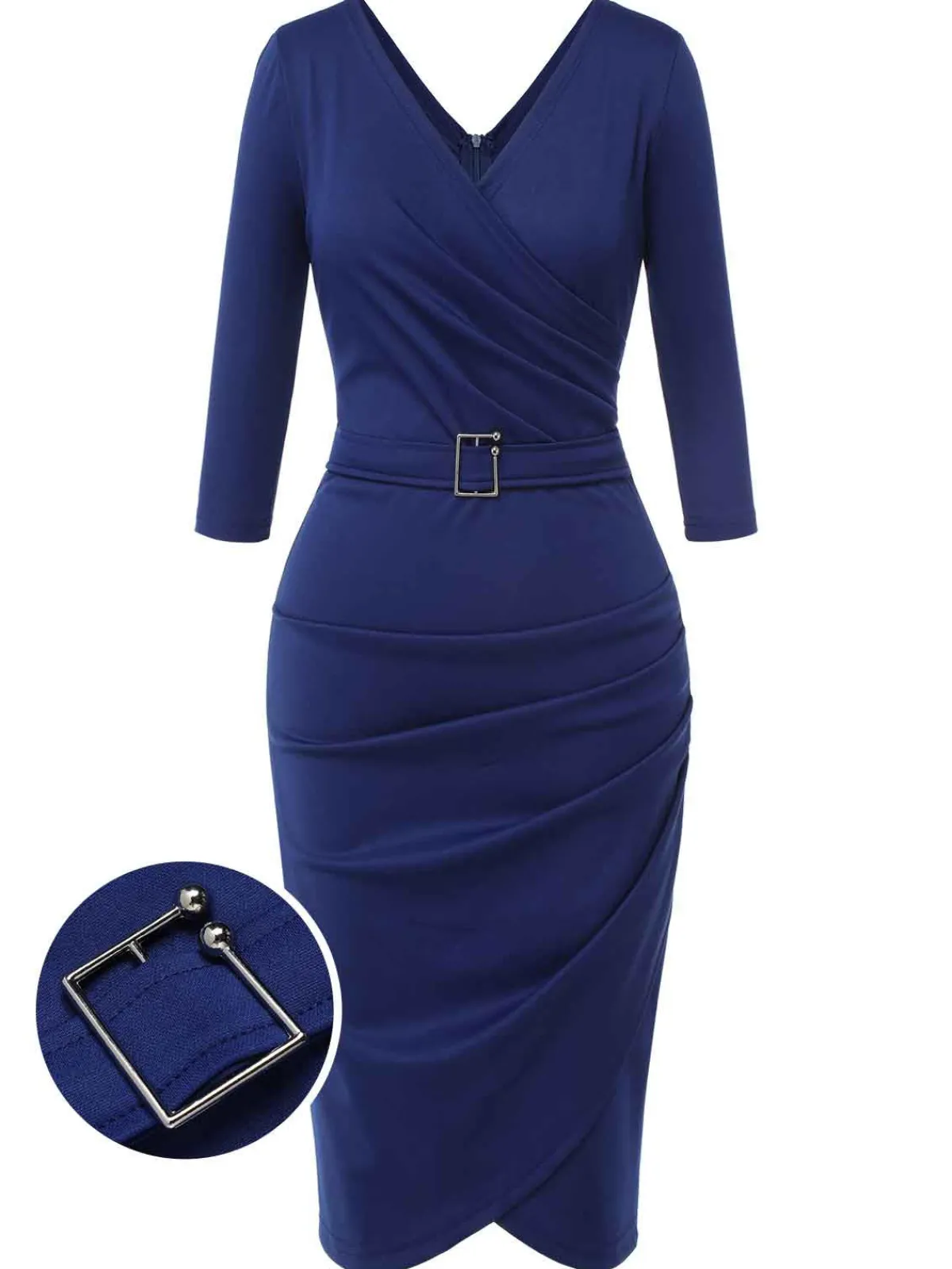 Online Retro Stage 1940s Solid V-Neck Dress with Belt Blue