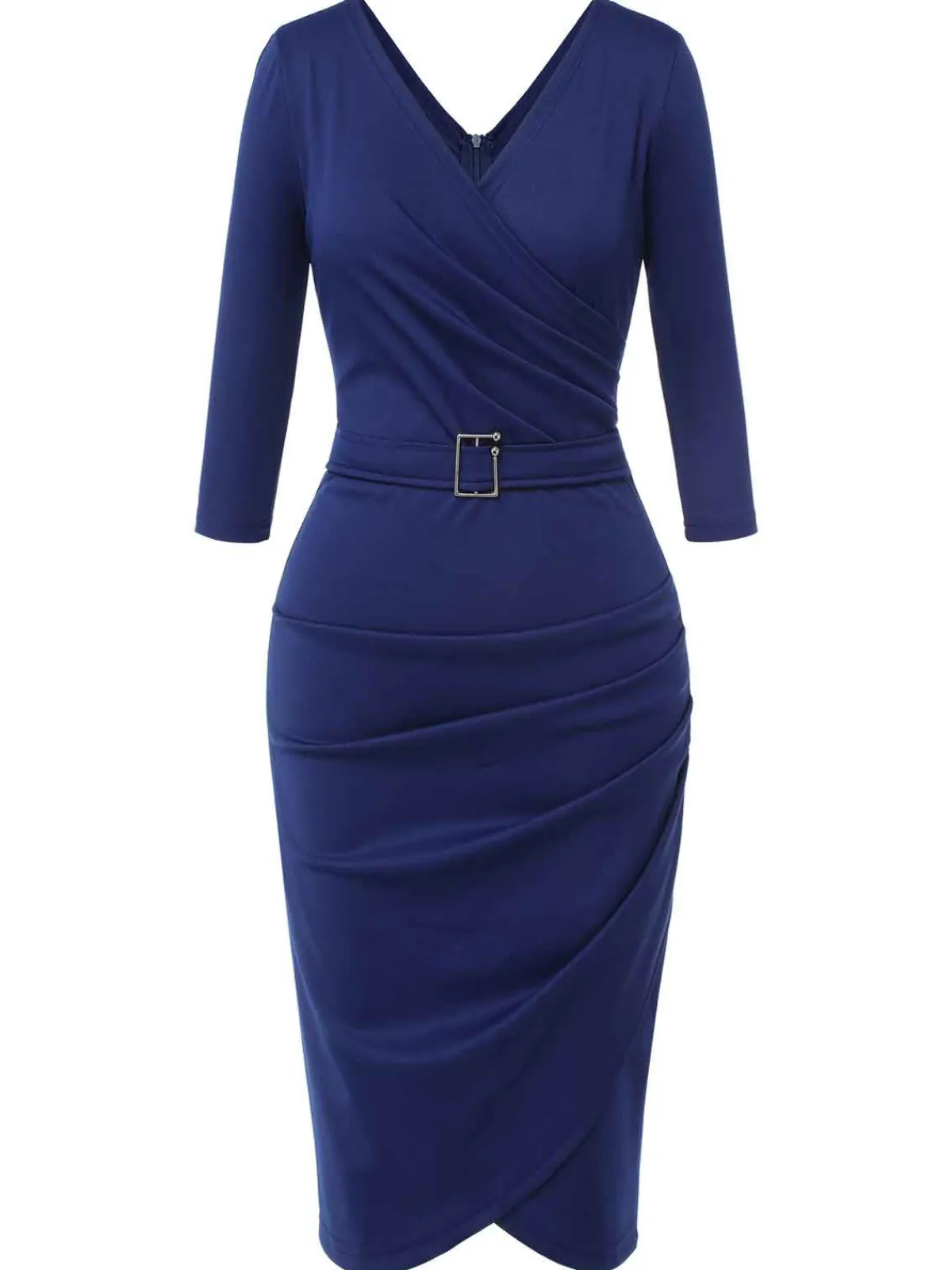 Online Retro Stage 1940s Solid V-Neck Dress with Belt Blue