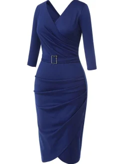 Online Retro Stage 1940s Solid V-Neck Dress with Belt Blue