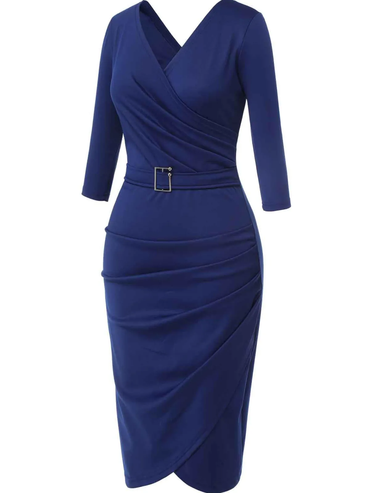 Online Retro Stage 1940s Solid V-Neck Dress with Belt Blue