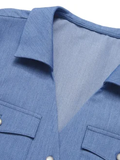 Online Retro Stage 1950s Solid Waist Tie Lapel Blouse Blue