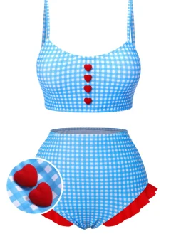 Sale Retro Stage 1950s Spaghetti Strap Button Plaids Swimsuit Blue