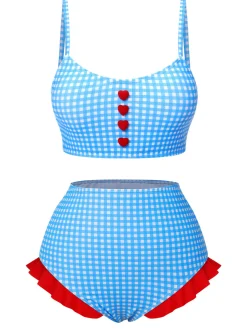 Sale Retro Stage 1950s Spaghetti Strap Button Plaids Swimsuit Blue