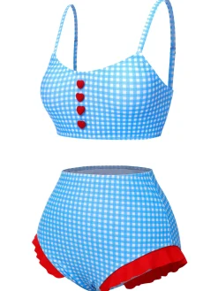 Sale Retro Stage 1950s Spaghetti Strap Button Plaids Swimsuit Blue