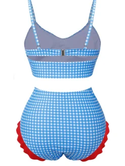 Sale Retro Stage 1950s Spaghetti Strap Button Plaids Swimsuit Blue