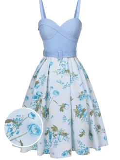 Discount Retro Stage 1950s Spaghetti Strap Floral Belted Dress Blue