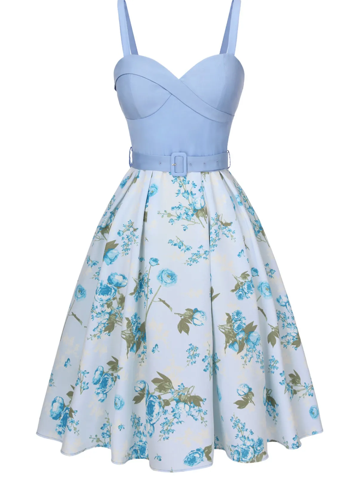 Discount Retro Stage 1950s Spaghetti Strap Floral Belted Dress Blue