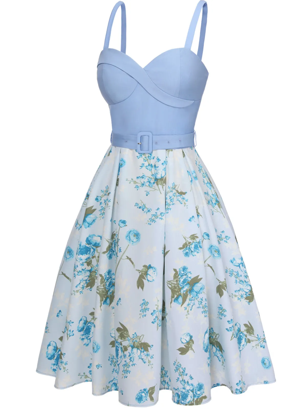 Discount Retro Stage 1950s Spaghetti Strap Floral Belted Dress Blue
