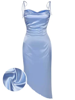 Sale Retro Stage 1960s Spaghetti Strap Irregular Hem Satin Dress Blue