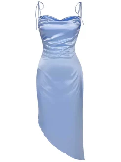 Sale Retro Stage 1960s Spaghetti Strap Irregular Hem Satin Dress Blue