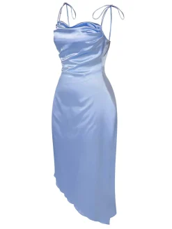 Sale Retro Stage 1960s Spaghetti Strap Irregular Hem Satin Dress Blue
