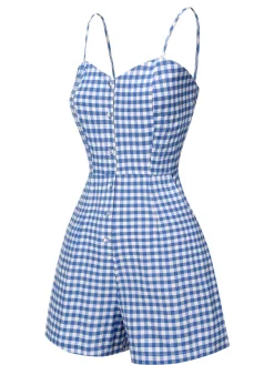 Discount Retro Stage 1960s Spaghetti Strap Plaids Romper Blue