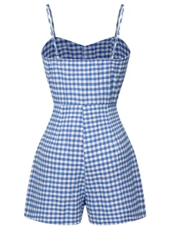 Discount Retro Stage 1960s Spaghetti Strap Plaids Romper Blue
