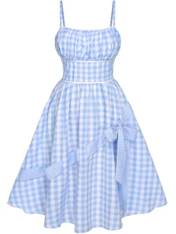 New Retro Stage 1950s Spaghetti Strap Plaids Bow Decor Dress Blue