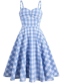 Hot Retro Stage 1950s Spaghetti Strap Plaid Dress Blue