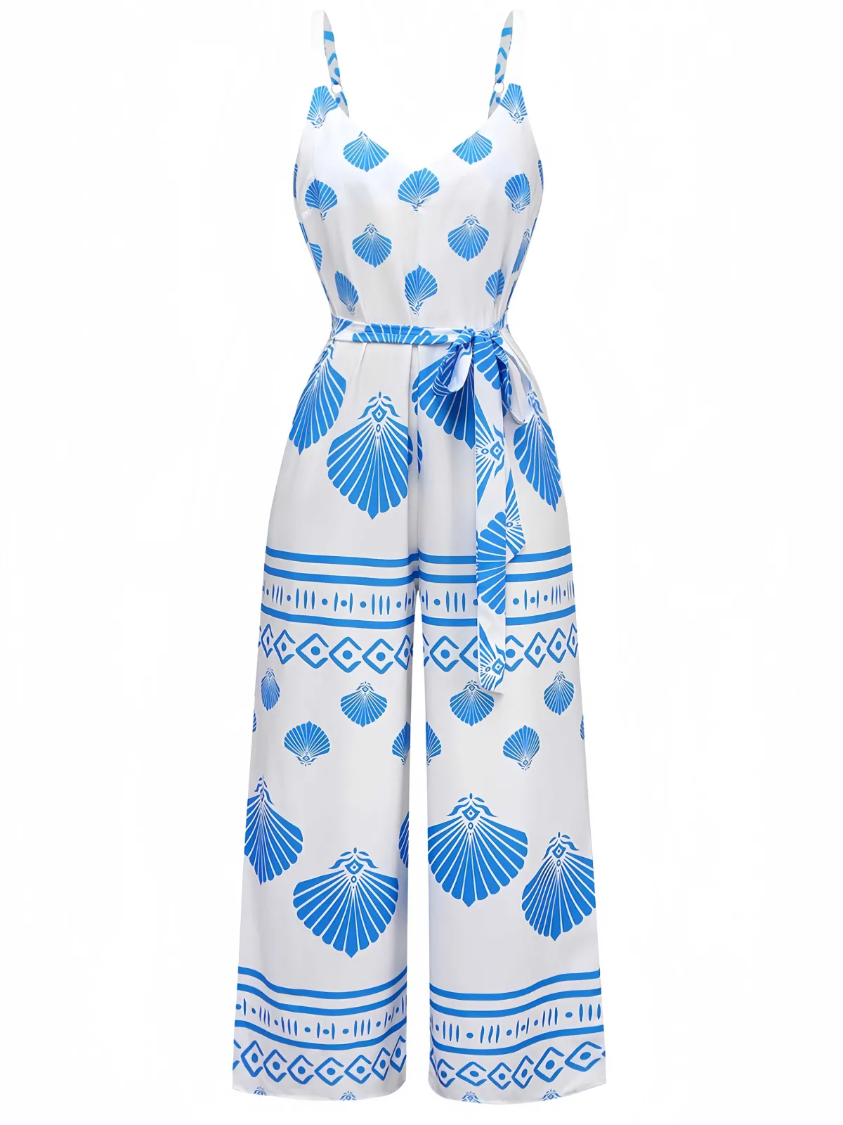 Discount Retro Stage 1930s Spaghetti Strap Seashell Print Belted Jumpsuit Blue