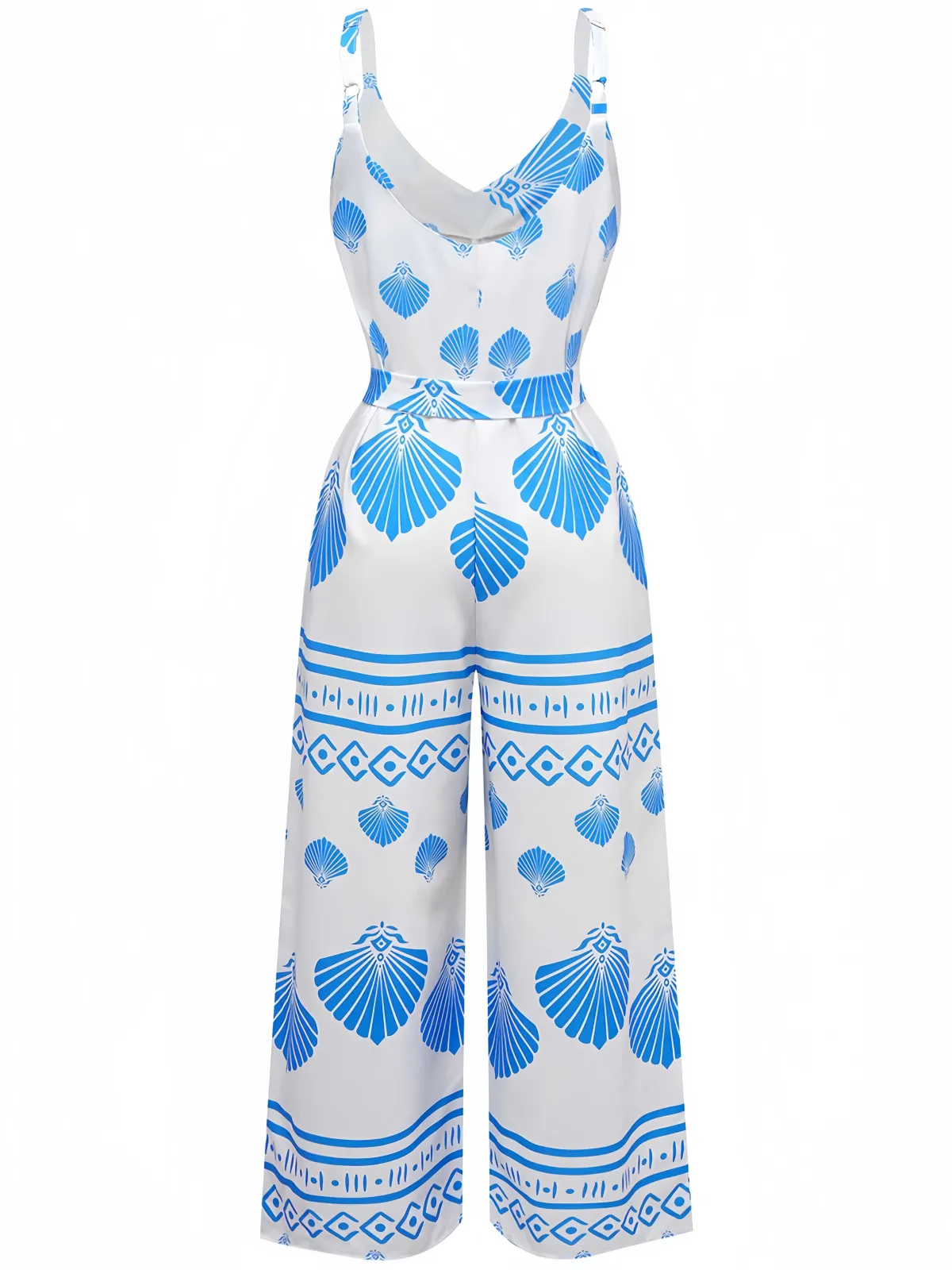 Discount Retro Stage 1930s Spaghetti Strap Seashell Print Belted Jumpsuit Blue