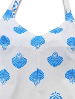 Discount Retro Stage 1930s Spaghetti Strap Seashell Print Belted Jumpsuit Blue