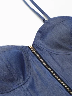 New Retro Stage 1940s Spaghetti Strap Zipper Top With Belt Blue