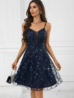 Online Retro Stage Blue 1970s Spaghetti Straps Plant Prints Dress Deep Blue