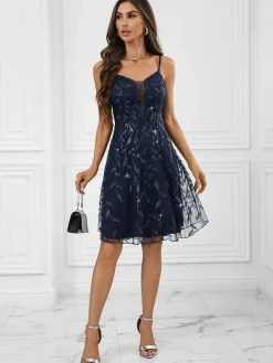 Online Retro Stage Blue 1970s Spaghetti Straps Plant Prints Dress Deep Blue