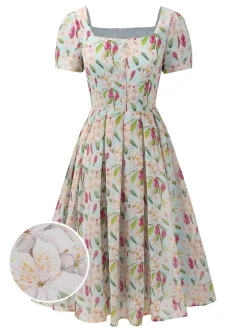 Online Retro Stage 1950s Square Collar Floral Dress Blue