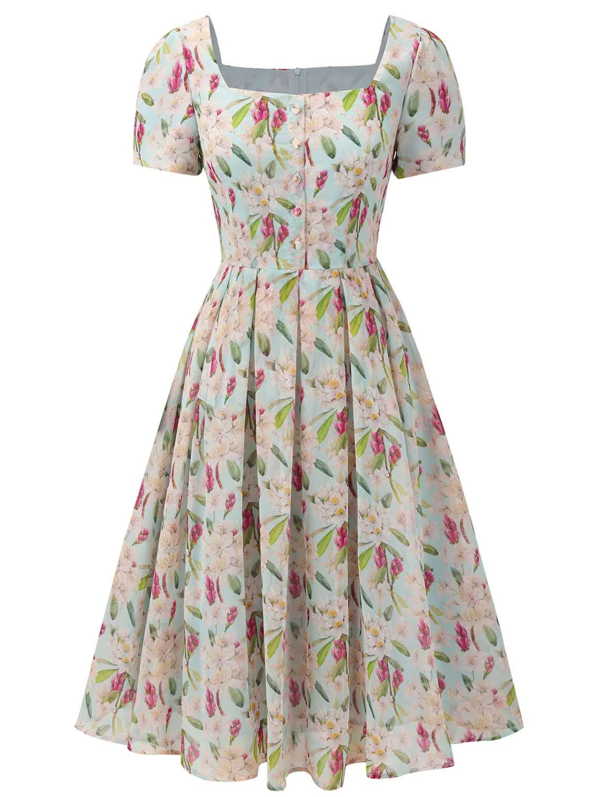 Online Retro Stage 1950s Square Collar Floral Dress Blue