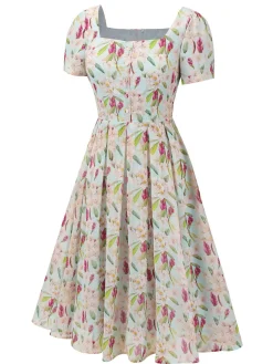 Online Retro Stage 1950s Square Collar Floral Dress Blue