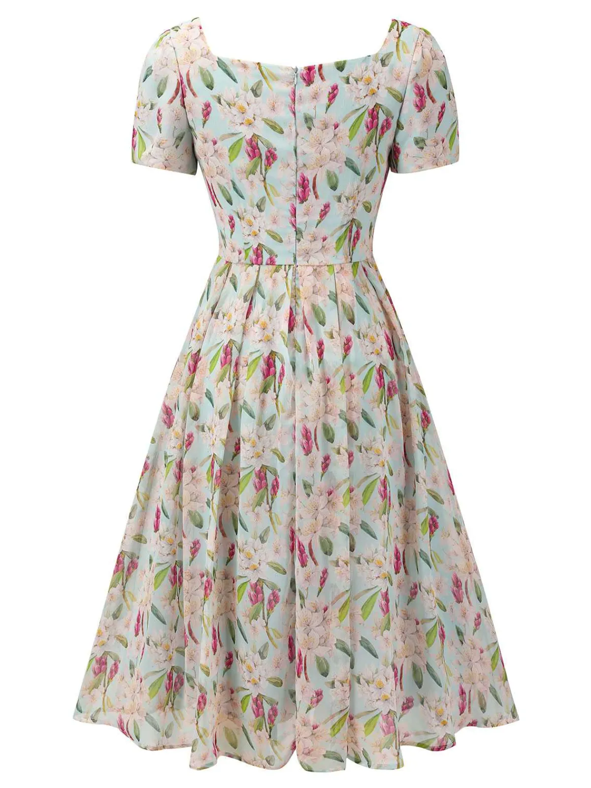 Online Retro Stage 1950s Square Collar Floral Dress Blue