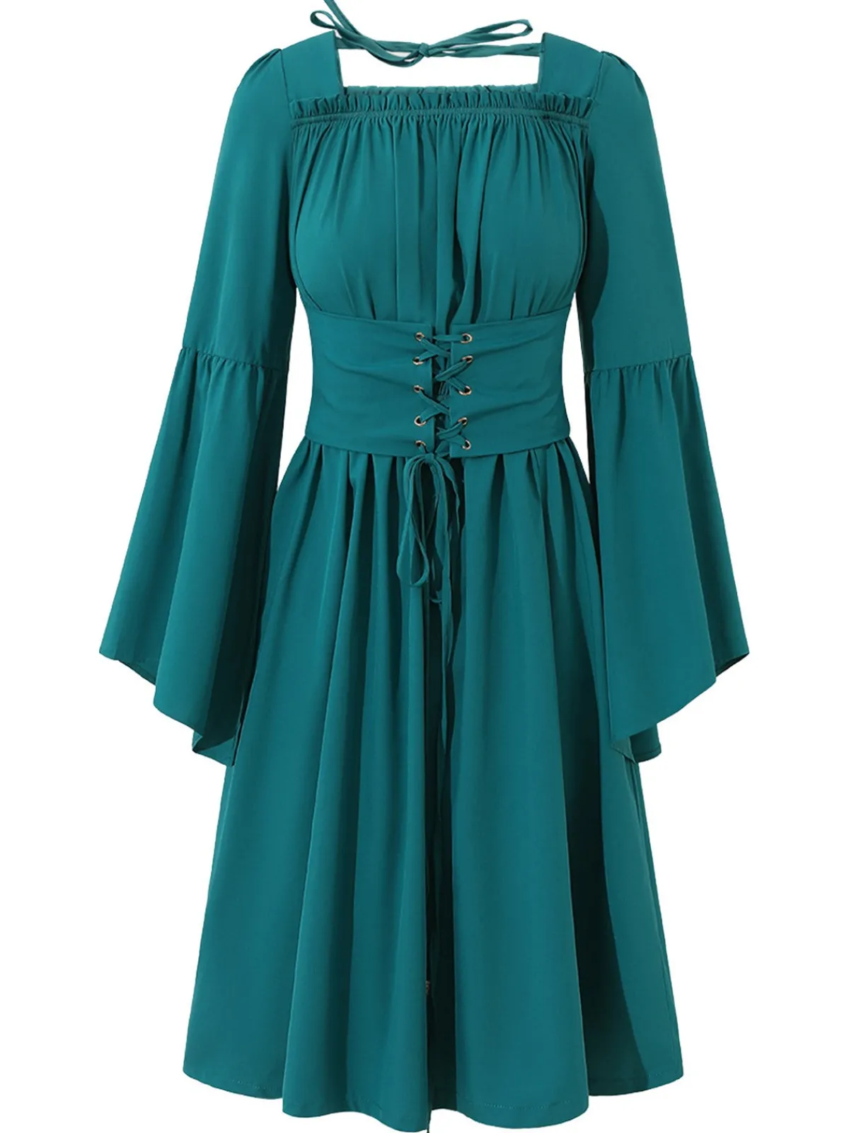Online Retro Stage Blue 1940s Square Neck Lace-Up Ruched Dress Lake Blue