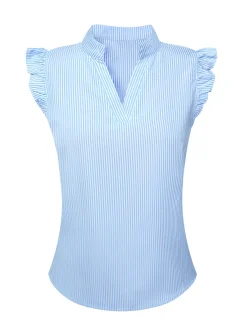 Clearance Retro Stage Blue 1950s Stand Collar Ruffle Sleeve Striped Blouse Light Blue