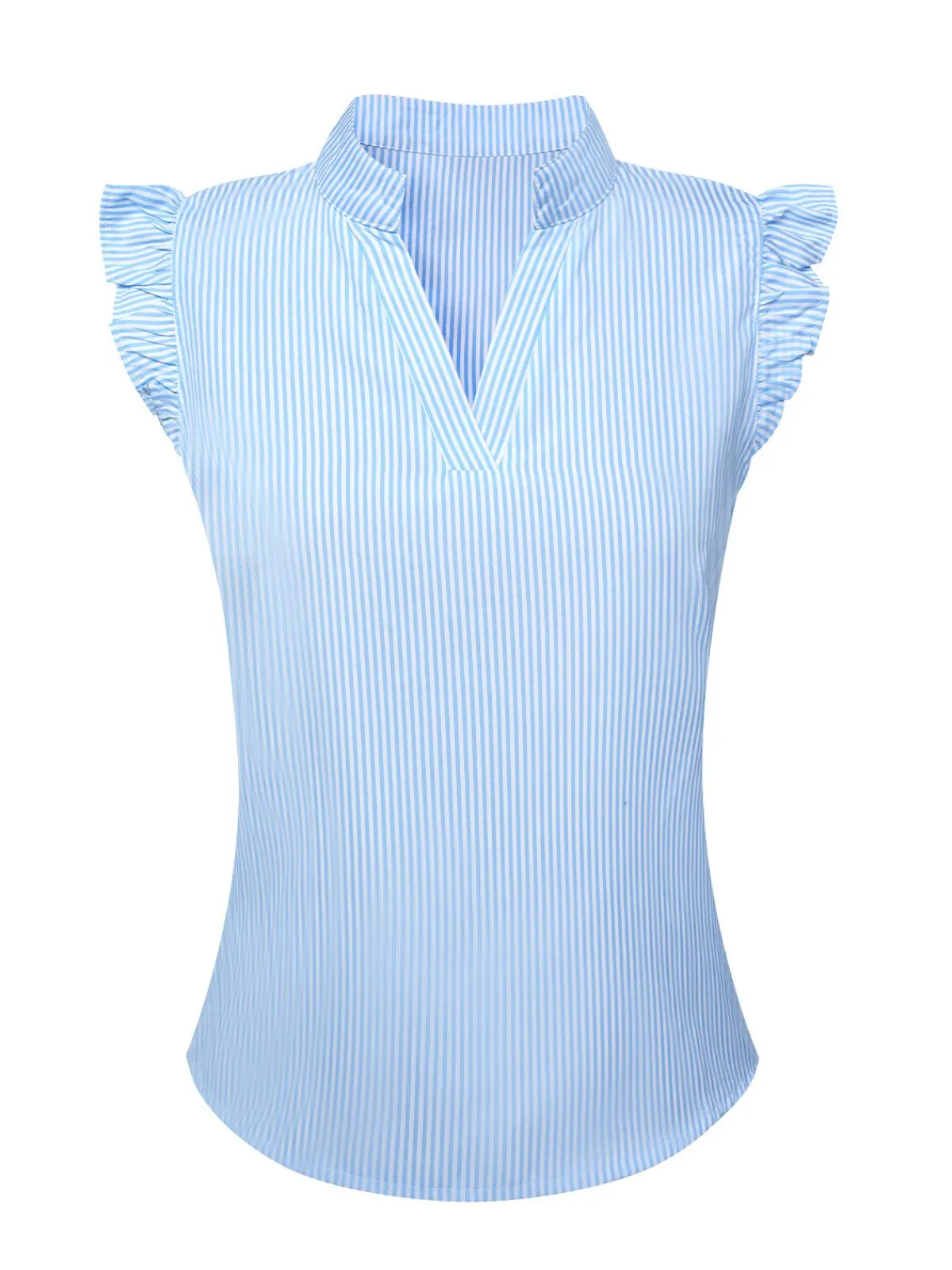 Clearance Retro Stage Blue 1950s Stand Collar Ruffle Sleeve Striped Blouse Light Blue
