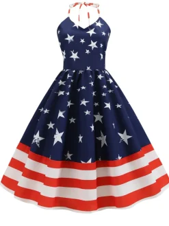 Clearance Retro Stage Blue 1950s Stars & Stripes Swing Dress Navy Blue