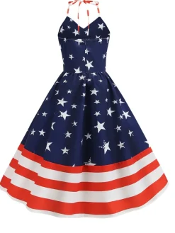 Clearance Retro Stage Blue 1950s Stars & Stripes Swing Dress Navy Blue