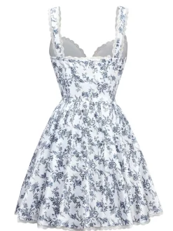 Online Retro Stage 1950s Strap Floral Lace Corset Dress Blue
