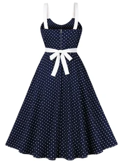 Fashion Retro Stage 1940s Strap Polka Dot Bow Belted Dress Blue