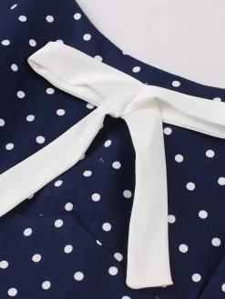 Fashion Retro Stage 1940s Strap Polka Dot Bow Belted Dress Blue
