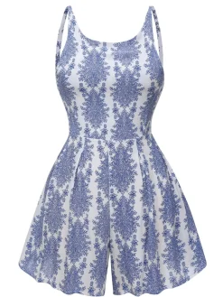 Best Retro Stage 1950s Strap Print Backless Romper Blue