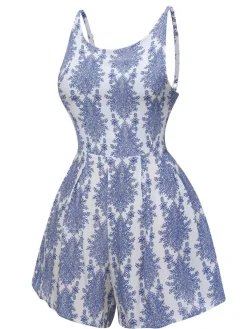Best Retro Stage 1950s Strap Print Backless Romper Blue