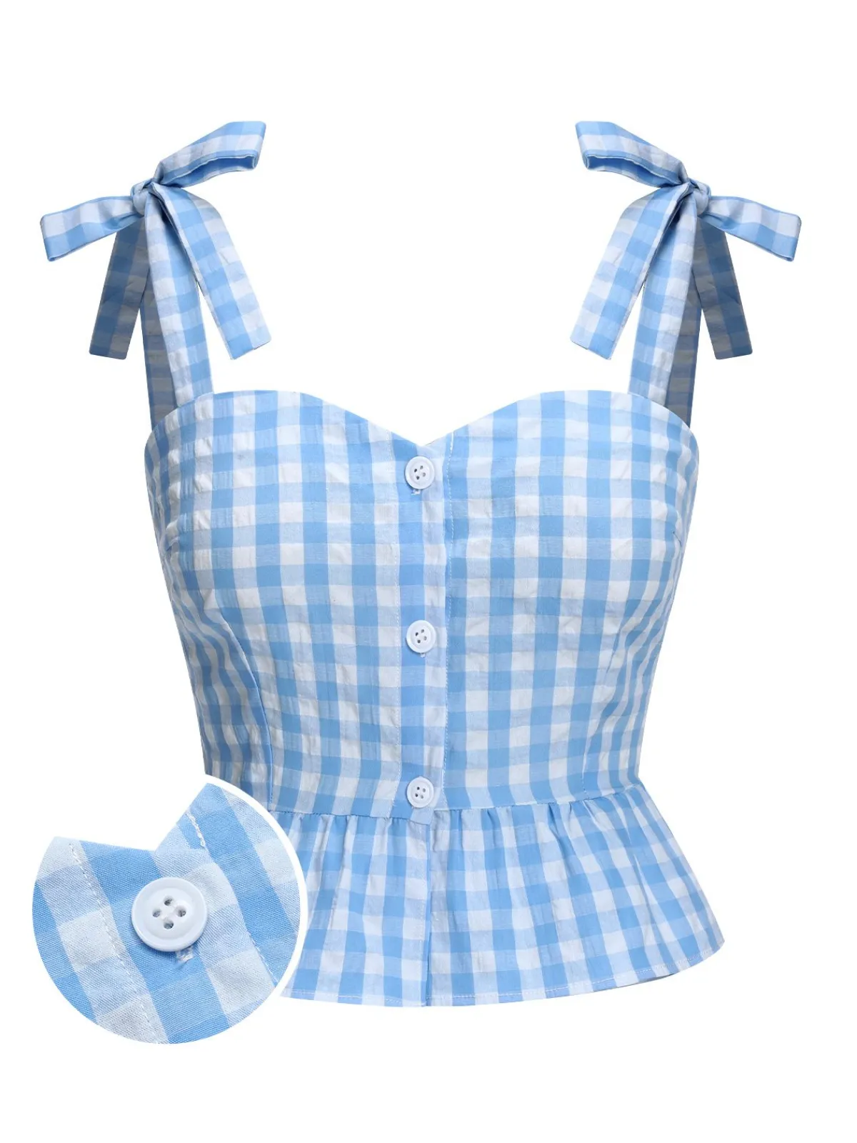Best Retro Stage 1960s Straps Plaid Ruffled Hem Tops Blue
