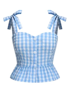 Best Retro Stage 1960s Straps Plaid Ruffled Hem Tops Blue
