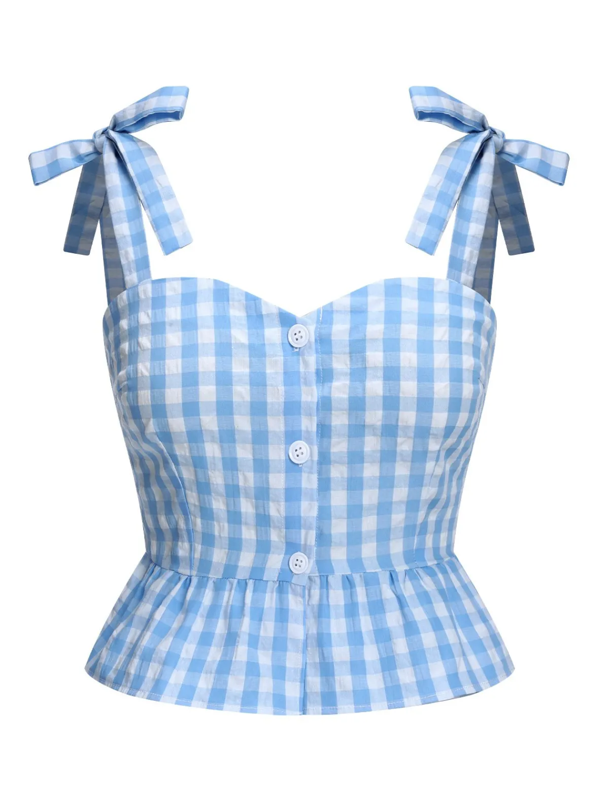 Best Retro Stage 1960s Straps Plaid Ruffled Hem Tops Blue